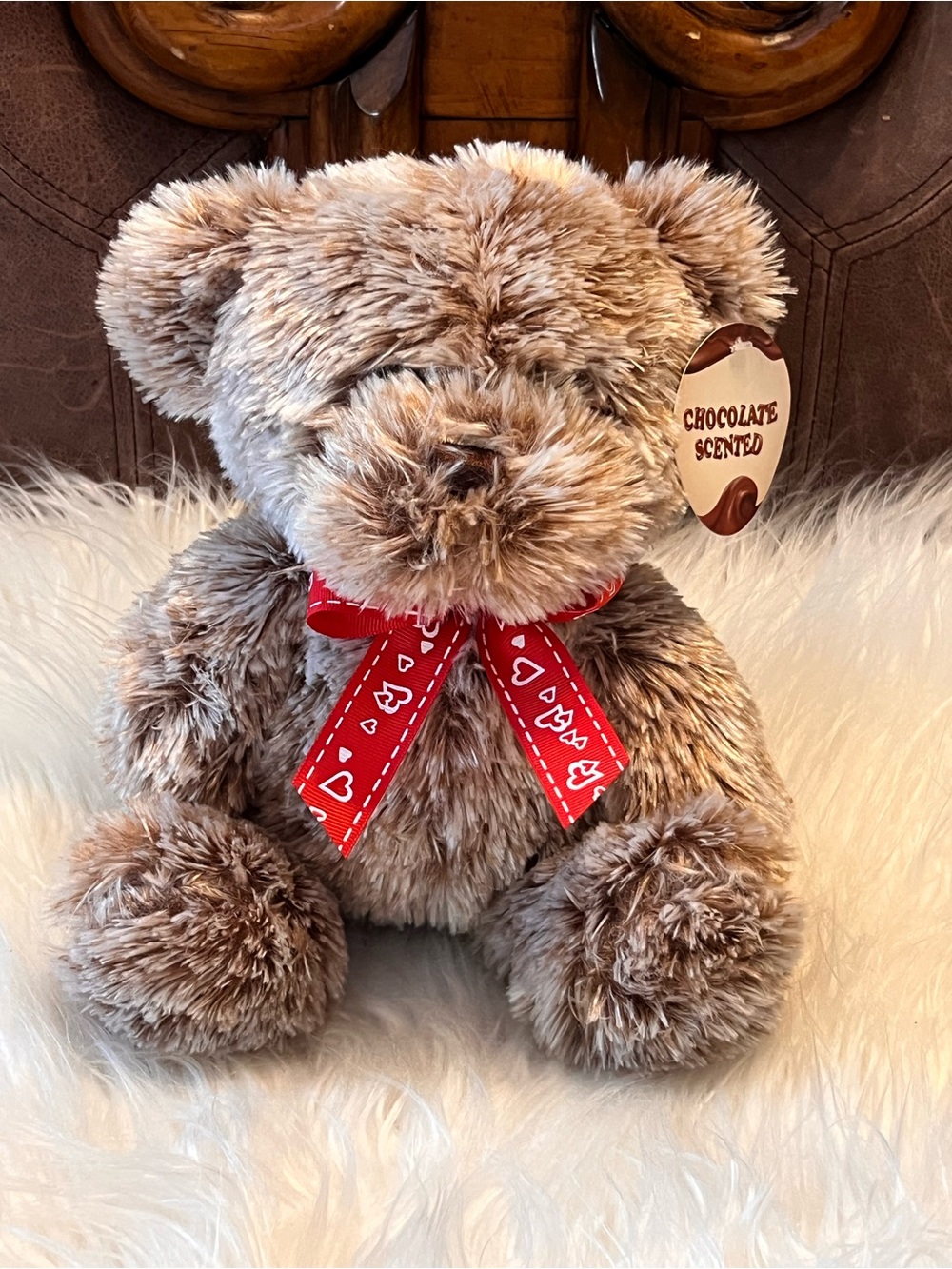 Chocolate Scented Plush Teddy Bear with Red Heart Ribbon NWT